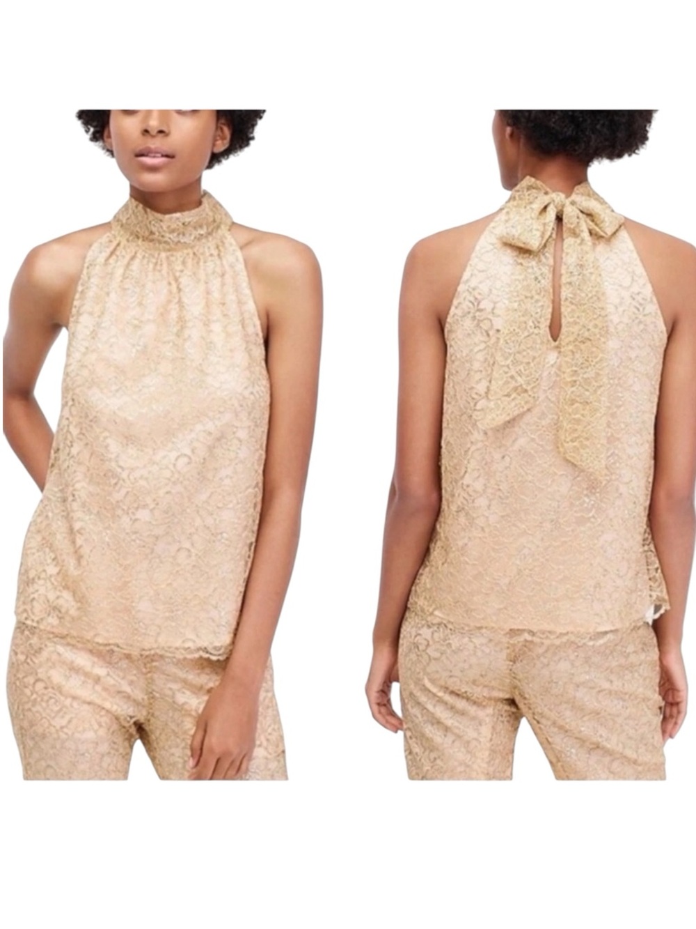 J. CREW Rose Gold Metallic Lace Halter Top Tie Neck Blouse Party Occasion Small - Picture 1 of 8